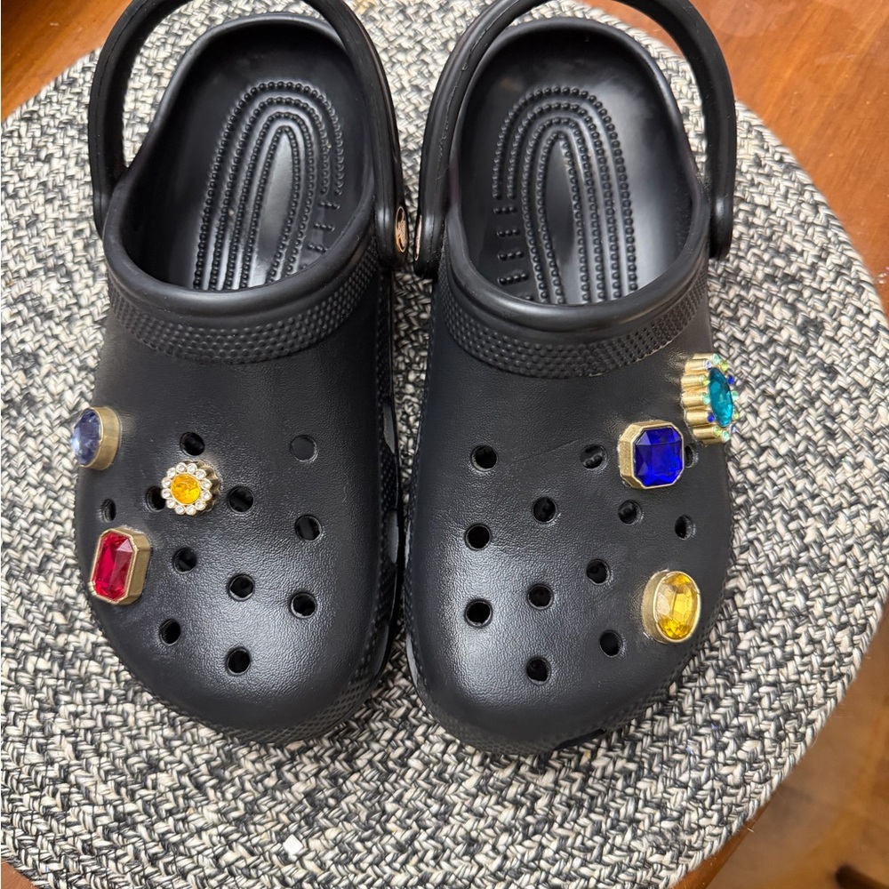 Kids Black Croc Sandals with Gem Accents